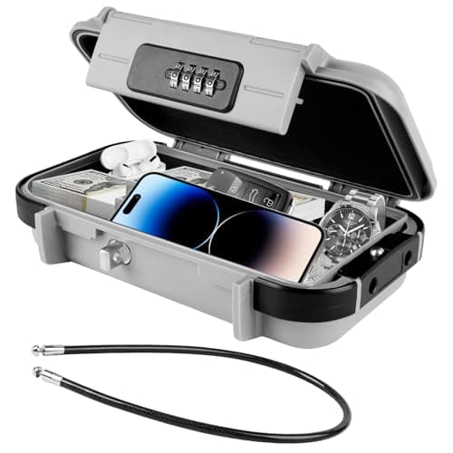 Flintronic Portable Safe Box with Code, Combination Security Case Lock Box, Waterproof Anti-Theft Mini Travel Safe, Portable Lock Box with Removable Wire Rope for Beach, Cars, Office, Vacation