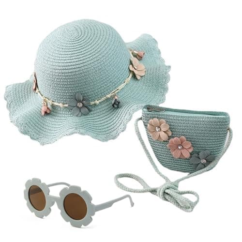 Little Girls Handbag Set, Girl's Straw Bag with Flower Sunglasses&Straw Hat