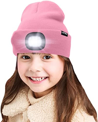 ATNKE Kids LED Lighted Beanie Cap, USB Rechargeable 4 LED Headlamp Waterproof Winter Warmer Knit Night Hats with Light for Boys Girls (Pink, One Size)