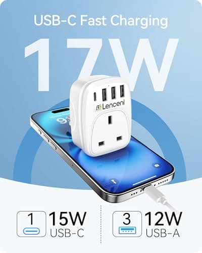 LENCENT 5-in-1 UK to European Travel Plug Adapter, USB-A＆USB-C, Type E/F — view 3
