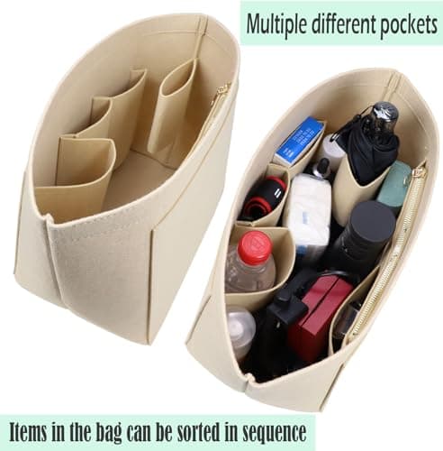 Lckaey tote bag organizer insert for Longchamp le pliage large tote insert felt purse zipper bag organizer beige, L/16.5 * 6.7 * 9.8in — view 4
