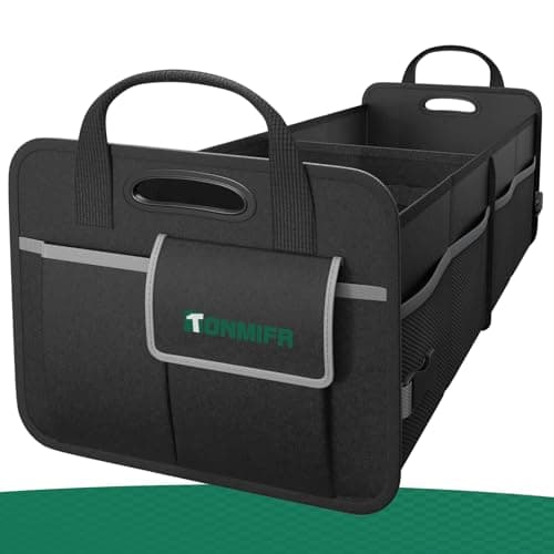 Tonmifr 2-Compartment Car Boot Organiser & Storage Box, Heavy-Duty 600D Oxford Collapsible Tidy with Reflective Strips and 8 Side Mesh Pockets for SUV, Hatchback, Estate - (65L)
