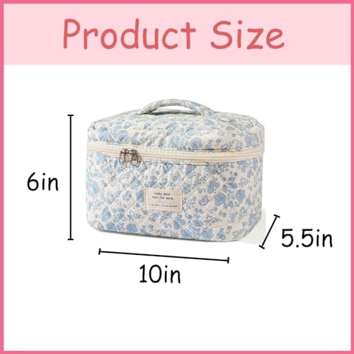 uekeboag Large Travel Quilted Makeup Bag for Women, Cotton Floral Cosmetic Bag, Coquette Aesthetic Toiletry Organizer Bag, Light Blue-Flower — view 2