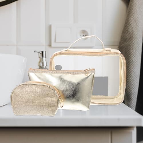 Hoement Travel Makeup Pouch Set of 3, Gold Cosmetic Bag Vanity Case Large Capacity, Portable Toiletry Organizer for Women, Suitable for Travel and Daily Use — view 4