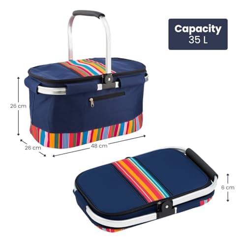 HOMESHOPA 35 Litre Insulated Picnic Basket With Lid, Red Multi Stripe Foldable Thermal Cooler Bag Hard Liner, Upright Standing Box for Outdoor Camping, Travel, Portable & Collapsible Shopping Hamper — view 2