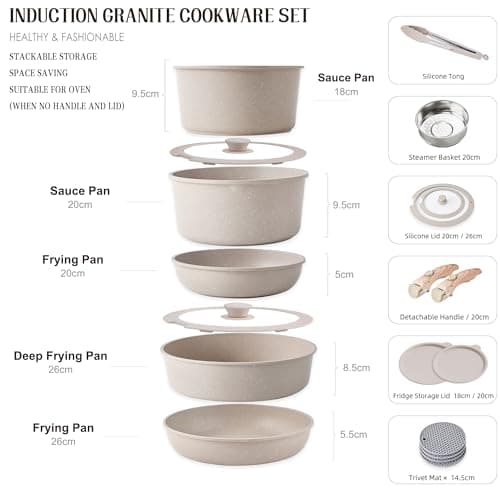 RIOVARM Induction Non Stick Frying Pan and Pot Set with Lids, Granite Cookware Set with Detachable Handles, Stackable Kitchen Cookware with Removable Handles, Camping Frying Pan Set, PFOA Free — view 2
