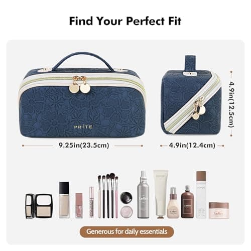 Prite Travel Makeup Bag Flat Lay Cosmetic Case with Brush Pocket, Blue, M — view 2