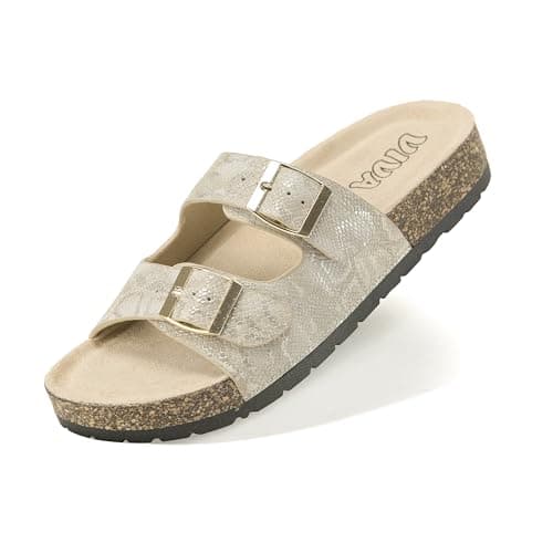 VIVASHOES Women’s Double Buckle Cork Footbed Sandals - Adjustable Flat Slide Sandals for Ladies - Comfortable Open Toe Summer Slippers - Gold Snake UK 5 — view 2