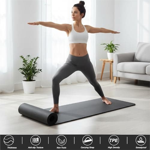 Yoga Mat Unisex Non-Slip Thick Foam Exercise Mat 10mm with Carry Strap – Lightweight Home Gym Equipment for Yoga, Pilates, Stretching (Black) — view 2