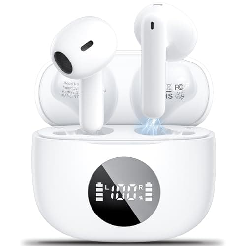 Wireless Earbuds,Wireless Headphones Bluetooth 5.4 with 4 Mic HD Calling 2025 wireless earphones in Ear HiFi Stereo 42H Playtime Dual LED Display Touch Control IP6 Waterproof Bluetooth Earphones White