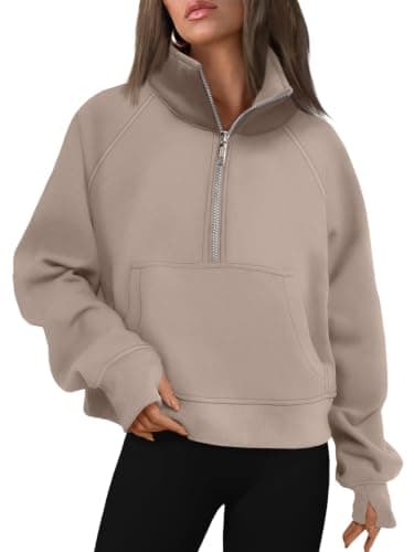 LILLUSORY Womens Loose Fit Sweatshirts Cropped Half Zip Tops Coffee Grey XL