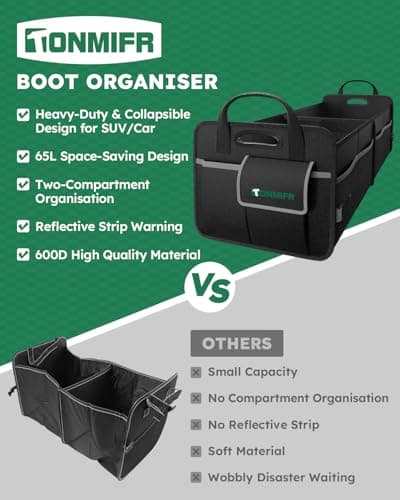 Tonmifr 2-Compartment Car Boot Organiser & Storage Box, Heavy-Duty 600D Oxford Collapsible Tidy with Reflective Strips and 8 Side Mesh Pockets for SUV, Hatchback, Estate - (65L) — view 4