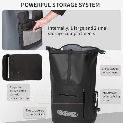 Origem Waterproof Backpack 35L-85L Dry Bag for Swimming (Dark Black, 35L) — view 4
