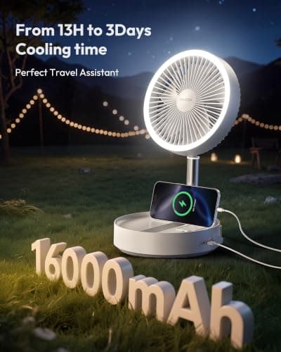 Gaiatop Portable Pedestal Fan, 16000mAh Battery, Max 74 Hours Runtime, Foldable Oscillating Pedestal Fan, Folding Desk Fan, LED Light, Case and Remote Control — view 2