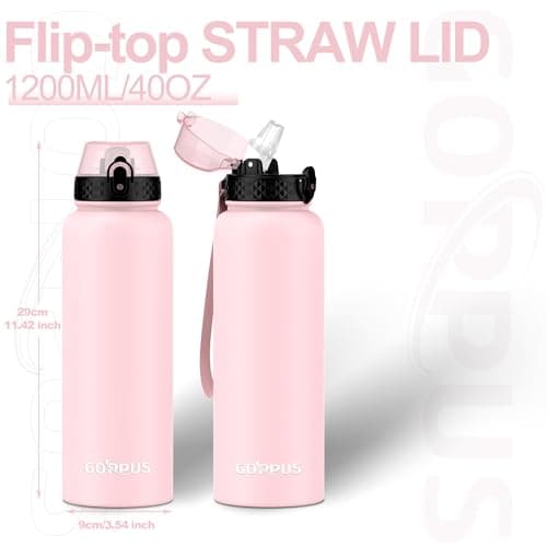 GOPPUS 1.2L/40oz Stainless Water Bottle with Straw Double Wall Insulated Bottles with Strap Large Vacuum Thermal Flask Leakproof Keep Cold Drinks Bottles with Flip Top Lid for Men Women BPA Free — view 3