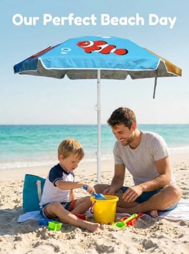 LOTTAFUN Kid 5ft Beach Umbrella Diameter 0.99-1.2 inches Pole UV 50+ Portable Sun Shade with Sand Anchor & Carry Bag, Outdoor Folding Umbrella for Beach,Pool,Patio,Garden (Fish) NO Tilt The sand needs — view 5