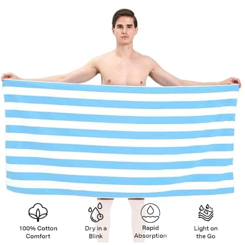 Large Quick Dry Microfibre Beach Bath Towel,Double Sides Light Blue White Striped Sand Free Beach Towel with Bag,Lightweight Gym Yoga Sports Towel,Compact Travel Summer Beach Towel for Women Men — view 3