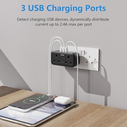 Double Plug Adaptor, Mscien Plug Adapter with 3 USB, 2 Way Plug Extension with Dual 2 Pin Socket at The Bottom, 13A UK Multiplug Extender, Wall Charger Power Socket for Home Kitchen Office, Black — view 3