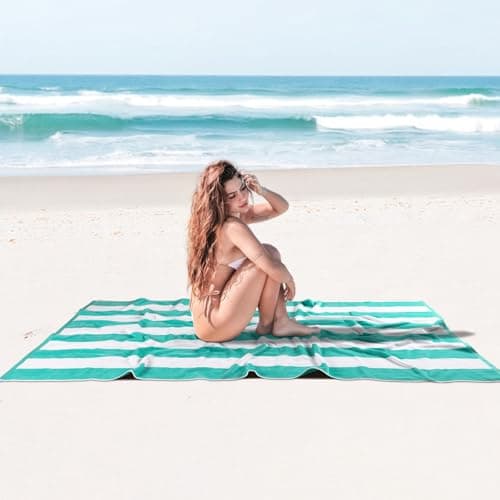 Ouxiaobai Cotton Oversized Beach Towel - 35 x 70 Inch Large Size Pool Towel, Striped Soft Cabana Swim Towel (Turquoise) — view 2