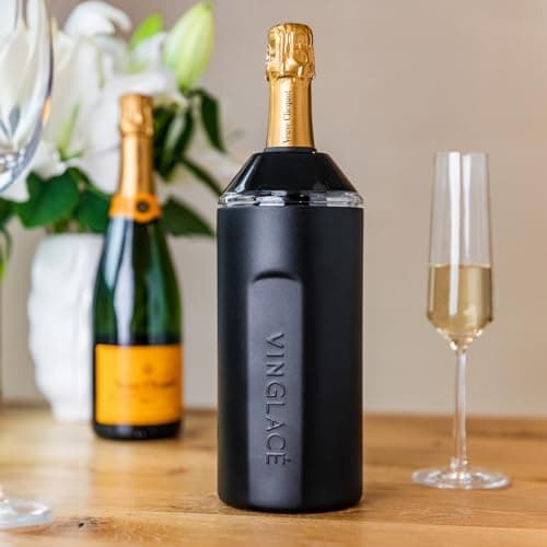Vinglacé Wine Bottle Chiller Gift Set- Portable Stainless Steel Wine Cooler with 2 Stemless Wine Glasses, Black, VBLK2WGVG — view 3
