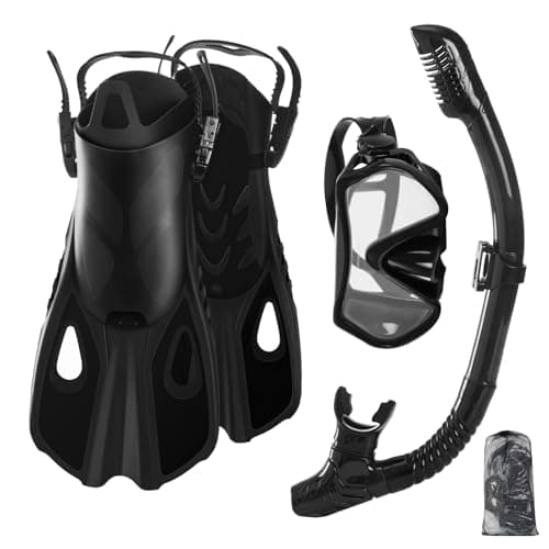 Snorkel Set Adults with Flippers, Snorkel Mask with Adjustable Open-Heel Swim Fins, Snorkeling Packages with Carrying Bag for Beginners and Snorkelers for Pool, Beach & Travel (Black, L/XL)
