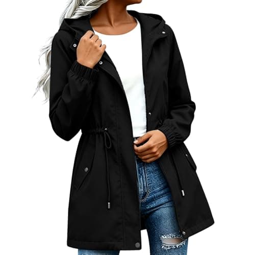 Womens Lightweight Waterproof Jackets Hooded Zip Up Jacket Breathable Packable Running Raincoats Active Trench Windbreaker with Hideaway Rain Hood Light Coats for Ladies Summer Cycling Hiking Black XL