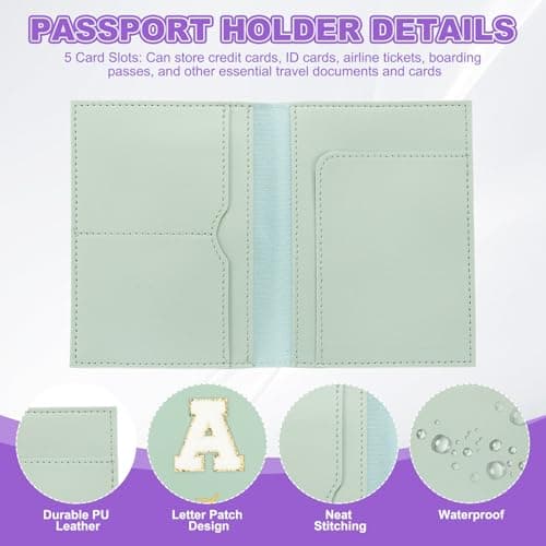 PATIKIL Passport Holder for Travel, Initial Passport Cover and Luggage Tag Set with Alphabet Chenille Letter Patch Travel Wallet Bag Suitcase Identifier for Women Family Travel Green A — view 3