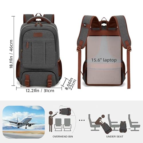 Tzowla Canvas Laptop Backpack Mens Womens,Vintage Travel Work Hiking Backpacks,School College Rucksack Fits 15.6-17.3 Inch Computer,Bookbag with USB Charging Port (Dark Grey, 15.6inch) — view 2