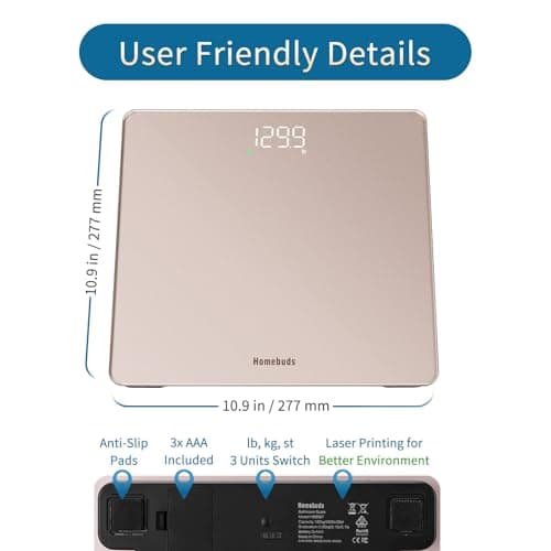 Homebuds Bathroom Scales for Body Weight, Precision 0.1lb by Our Professional Factory Since 2001, Weighing Scales Step-On and White LED for Easy to View, 3*AAA Included, 400lb/182kg, Rose Gold — view 5