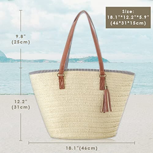 Pahajim Large Tote Bag with Zip Beach Bags for Women Straw Handbag Hand Woven Shoulder Bag for Travel, Holidays and Shopping — view 6