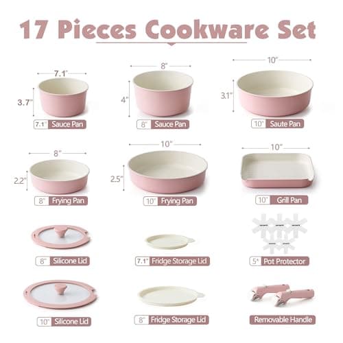 SENSARTE 17 Piece Ceramic Detachable Handle Pots and Pans Set Pink — view 2