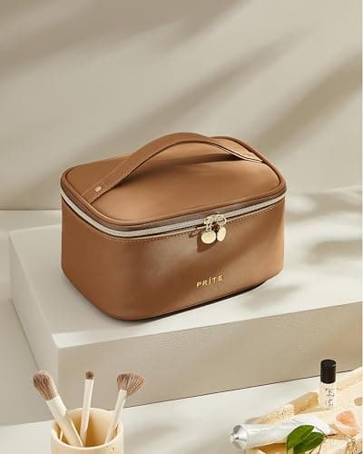 Prite Makeup Bag Toiletry Case for Women with Brush Holder, Brown, Standard — view 2