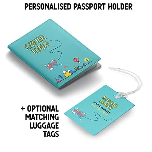 NOT JUST A PRINT Kids Passport Cover Personalised with Any Name | UK Passport Holder | Toddler Child's 1st Passport Adventure Awaits Wallet (Teal/Yellow) — view 3