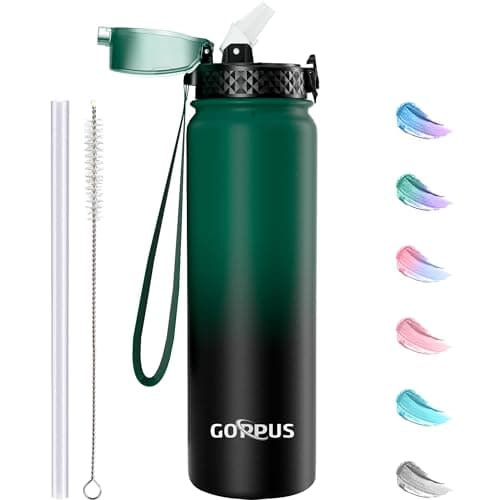 GOPPUS 1L/32oz Stainless Water Bottle with Straw Double Wall Insulated Bottles with Strap Reusable Vacuum Thermal Flask Leakproof Keep Cold Drinks Bottles with Flip Top Lid BPA Free (Green Black)