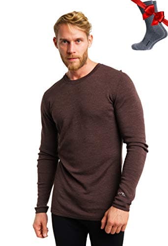 100% Merino Wool Base Layer Men - Long Sleeve Thermal Shirt + Hiking Socks (X-Large, 250 Chocolate)
