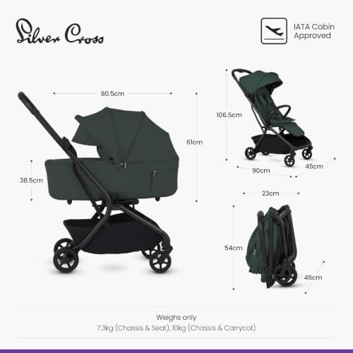 Silver Cross Nia Travel Stroller & Carrycot, Birth to 22kg, Conifer — view 6