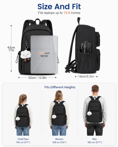 FIORETTO Backpack Womens School Bag Girls Boys, Lightweight Water-Resistant Fits 15.6” Laptop Large Capacity Rucksack with Anti-Theft Pocket, Ideal for School College Commuting Travel Black — view 6