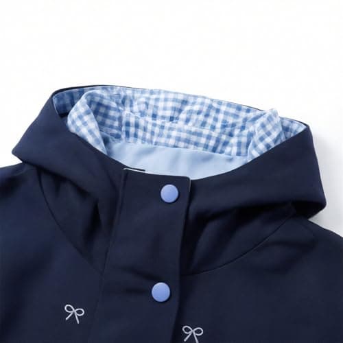 Waterproof Jacket Girls Bow Print Lightweight Jackets with Hood 2026 Windbreaker Rain Coat with Pockets Casual Long Sleeve Full Zip Raincoat Breathable Hiking Walking Coat (Navy, 4-5 Years) — view 4