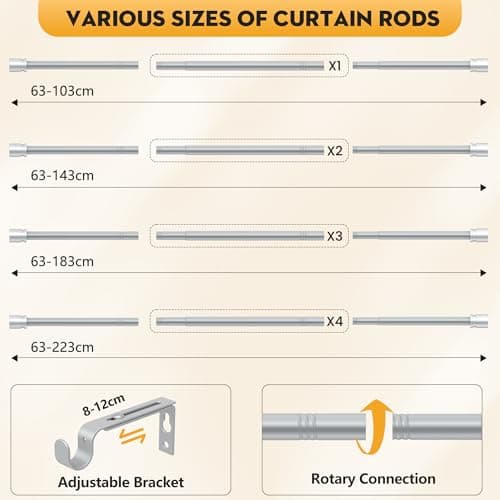 Poskena Curtain Poles Silver, 16mm Curtain Rod, 63-103cm — view 4