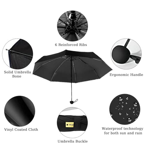 Shunshi Folding Travel Umbrella, 6 Ribs Folding Sun Anti-UV Windproof Rain Umbrella,Fast Dry,Portable Pocket Lightweight Small Compact Umbrella with Capsule Case for Men Women Teens (Black) — view 3