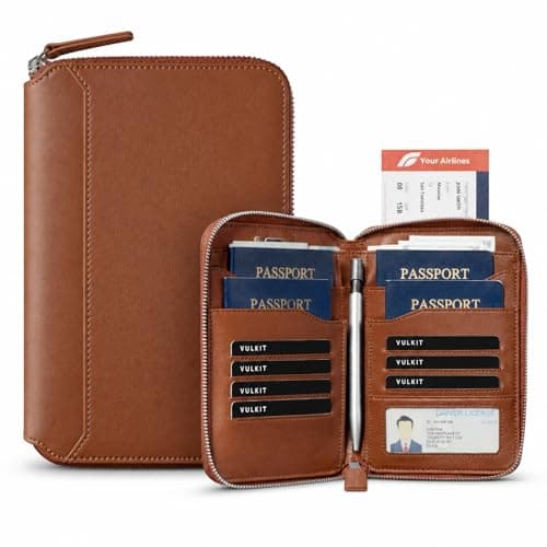 VULKIT Leather Family Passport Holder for 4-6 Passports, Premium Document Organizer Case Large Travel Wallet for Couples and Families, Holds Passports,Cards,Tickets,Cash,Pen,Sim Card (Espresso)