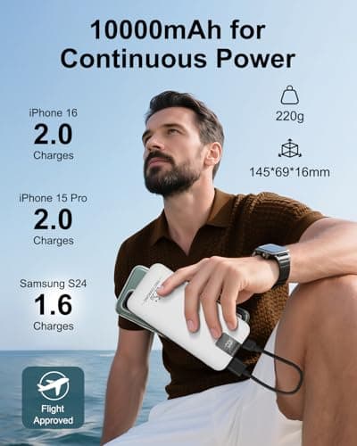 Odetrik Portable Charger 10000mAh 22.5W Power Bank, Fast Charging External Battery Pack with 3 Outputs & 2 Input, Type-C In/Out, LCD Display Slim Portable Phone Charger for Smartphone, Tablets (White) — view 6