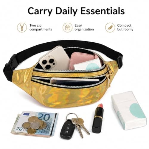 Fashion Metallic Bum Bag,Holographic Waist BagFanny Double Zipper Belt Bag Festival Rave Bumbags Waterproof Hip Pouch for Women Ladies Girls Travel Party Festival Sports Outdoor (Gold) — view 4
