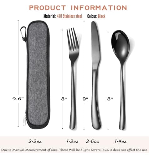 MURRI&MURRDI Stainless Steel Cutlery Set for 1, Reusable Flatware Set with Case, Cutlery Set for Work Stainless Steel Knife Fork Spoon Set 3 Piece (3 Black) — view 2
