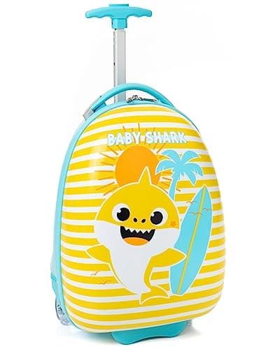 Baby Shark Kids Suitcase | Yellow and Blue Small Cabin Bag For Boys & Girls | Carry On Trolley with Extendable Handle | Singing Shark Hard Cover Holiday Case | Fun Travel Merchandise Gift for Children