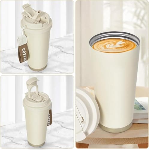 Coffee Cup Travel Mug 530ml, Insulated Coffee Cup with Leakproof Lid, Double-Wall Coffee Mug, Reusable Coffee Cups with Flip Straw, Vacuum Stainless Steel Thermal Mug for Hot and Cold Drinks (White) — view 5