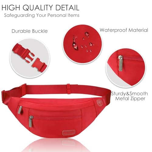 MAXTOP Large Bumbag Waist Fanny Pack Running Belt for Men Women Unisex Bum Bag with Headphone Jack and 4-Zipper Pockets Adjustable Belt for Travel Running Jogging Workout Hiking Gifts Red — view 4