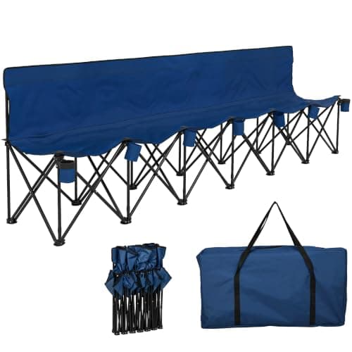 Outsunny 6 Seater Folding Bench Portable Chair Metal Frame Cup Holder Blue