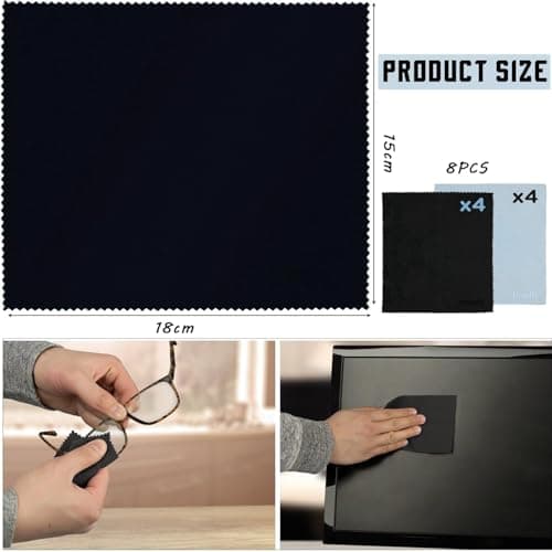 8-pack premium microfiber cleaning cloths — ultra-soft, streak-free, lint-free, suitable for glasses, screens, cameras, mobile phones, and televisions (black/light blue, 6 inches × 7 inches) — view 2