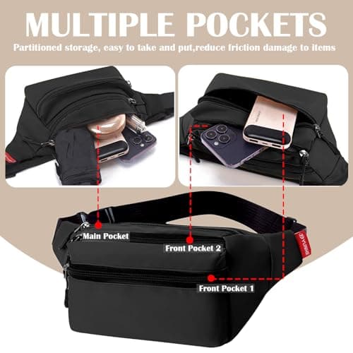 Risipu Bum Bag for Men Women, Lightweight Water-Resistant Waist Packs with Adjustable Belt & 3 Zipper Pockets, Fashionable Fanny Pack for Travel, Running, Hiking, Cycling (Black) — view 4